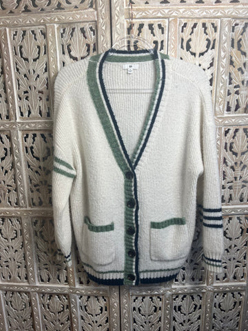 Cream, Navy & Light Green Button Cardigan -Size Medium