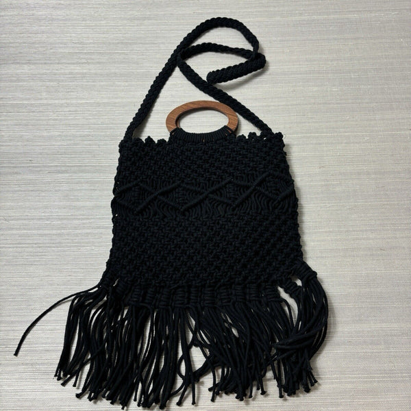 Danielle Nicole Macrame Crochet Boho Black Bag w/ Wood Handle & Crossbody Strap