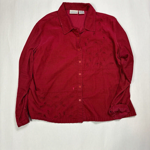 BASIC EDITIONS Shirt Grandma XL Button Up Boxy Top Embroidered Floral Corduroy