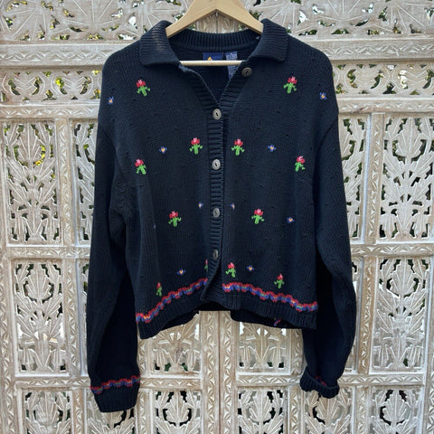 VTG Lizsport Granny Black Floral Embroidered Knit Collared Cottage Core Medium