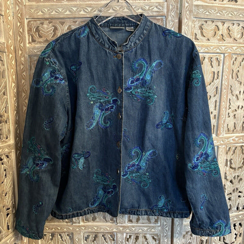 Chico's Vintage Women's Blue & Green Embroidered Paisley Denim Jacket Size 2