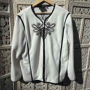 Bob Mackie Wearable Art Fleece Embroidered Zip Front Jacket in Cream Black - XL