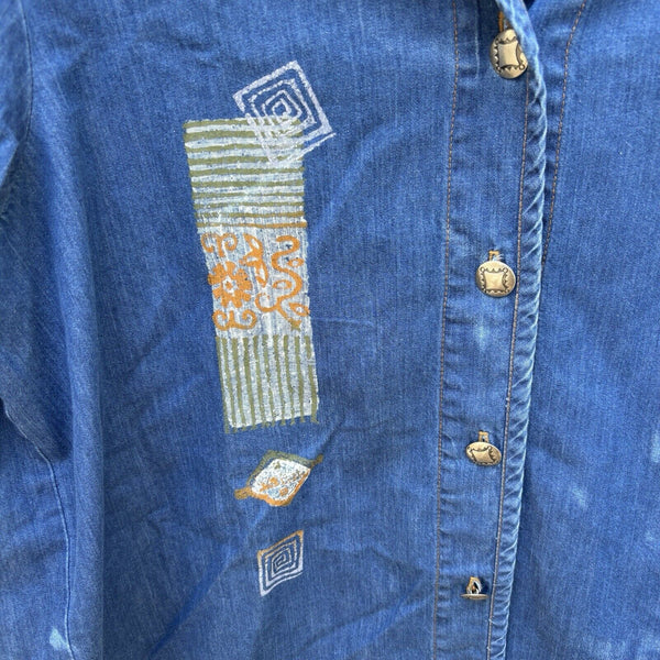 Vintage Y2K Geometric Shapes Art to Wear Boho Long Sleeve Denim Button Up M USA