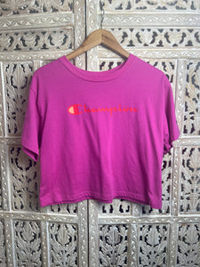 Ladies Fuchsia Semi Cropped T-Shirt-Size Medium