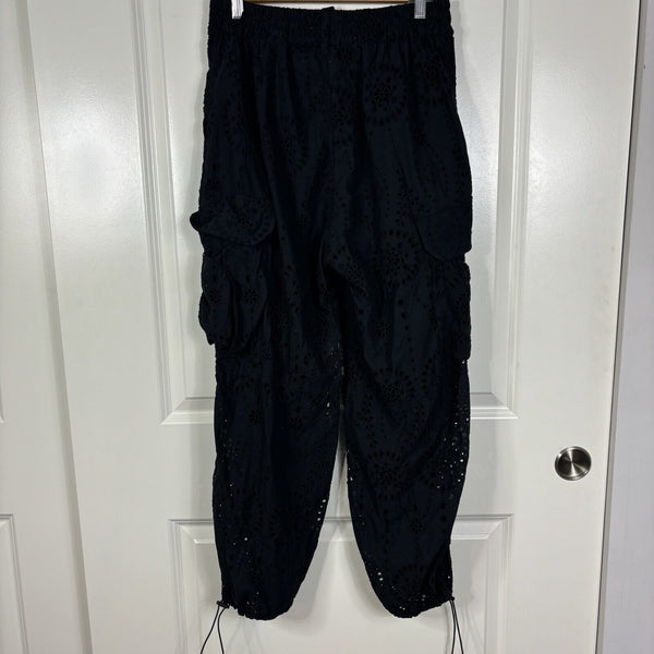 Zara Size XS-S Black Eyelet Boho Embroidered Cropped Hippie Loungy Cargo Pants