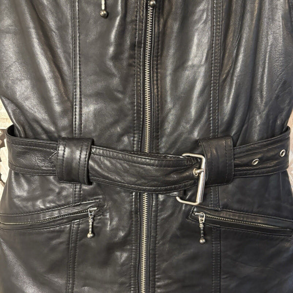 Black Leather Vest Womens Sz Small Mid Length Belted Zip Biker Moto Rock Punk