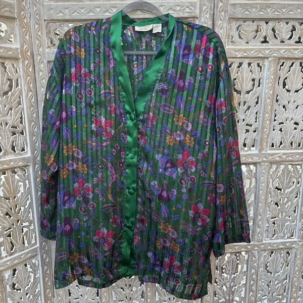 VTG Victoria's Secret Gold Label M Sheer Sleep Shirt Night Gown Green Floral