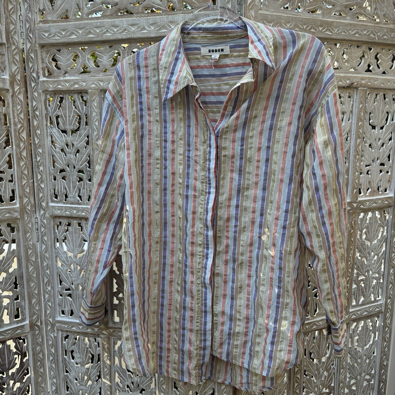 Boden Women's Oversized Button Front Metallic Stripe Shirt Size 4 Collar Cotton