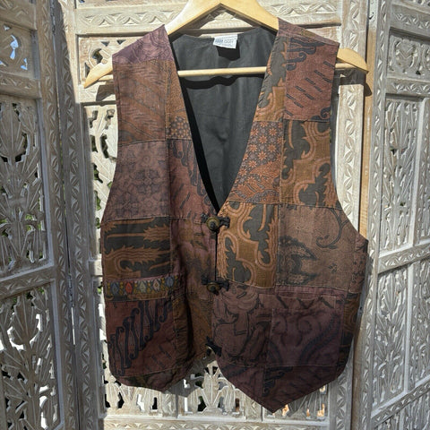 Vintage Tapestry Vest Womens Paisley Artsy Floral Leaves Western Boho Fall-L