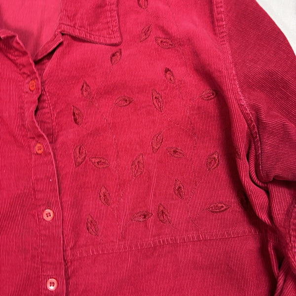 BASIC EDITIONS Shirt Grandma XL Button Up Boxy Top Embroidered Floral Corduroy