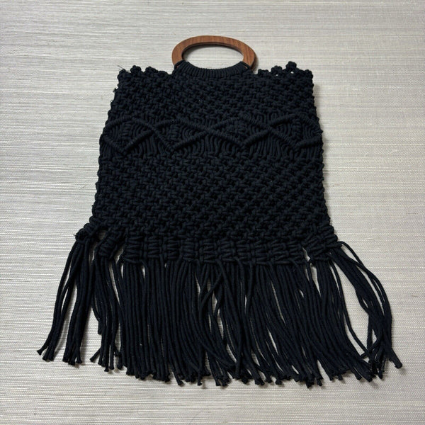 Danielle Nicole Macrame Crochet Boho Black Bag w/ Wood Handle & Crossbody Strap