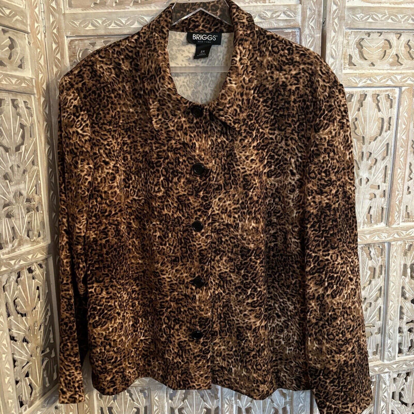 Briggs New York Womens Leopard Print Microsuede Long Sleeve Jacket Brown Size 2X