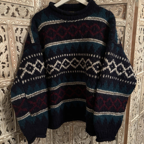 REY WEAR Vintage 100% Wool Hand Knit Fair Isle Sweater Jumper L Ecuador Unisex