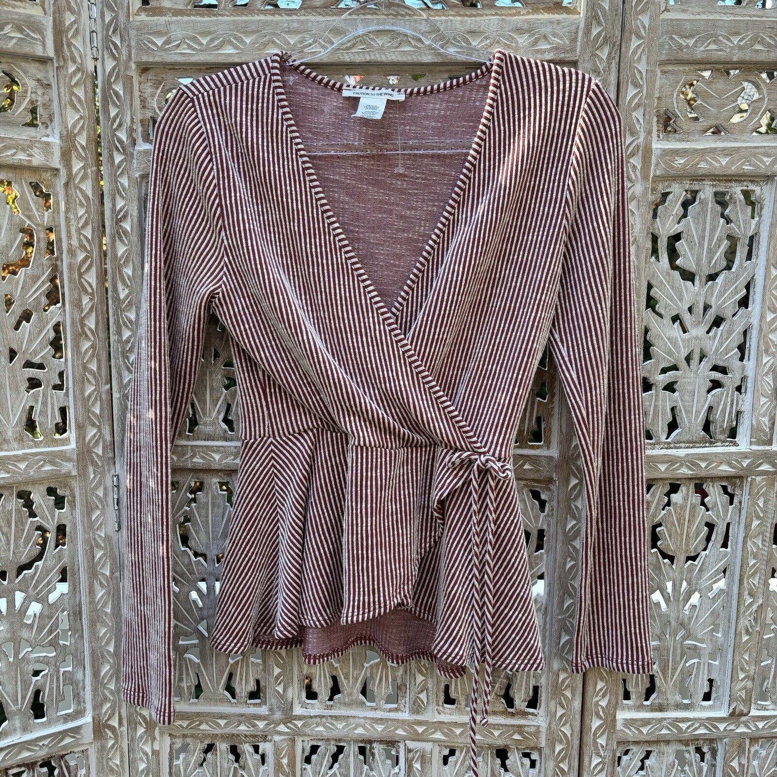 Caution to the Wind Top Size Medium Boho V Neck Wrap Look Rust and White Stripe