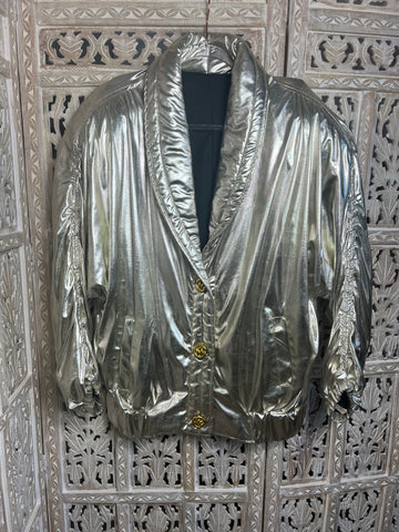 Ladies Vintage Shiny Light Gold Casino Jacket w/ Shoulder Pads 3 Gold Buttons-No Size