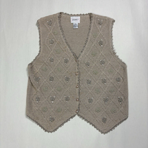 VTG JENNY Beige / FLORAL Embroidered Pearls/Button Cottage Core Sweater VEST-L