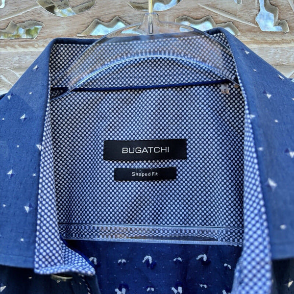 Bugatchi Shirt Mens Navy Blue White Geometric Dotted Sleeve Shaped Fit Button Up