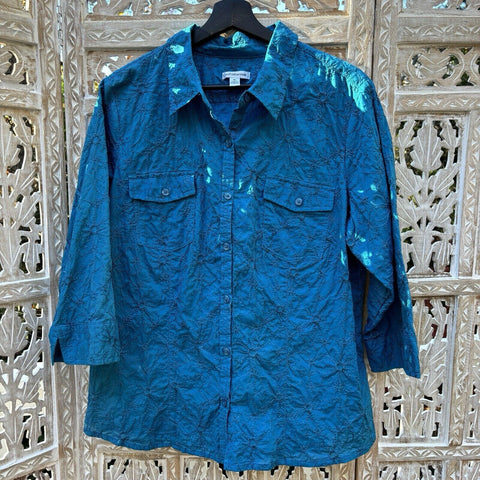 Croft & Barrow XL Teal Floral Embroidered Button Up Pockets 100% Cotton Shirt