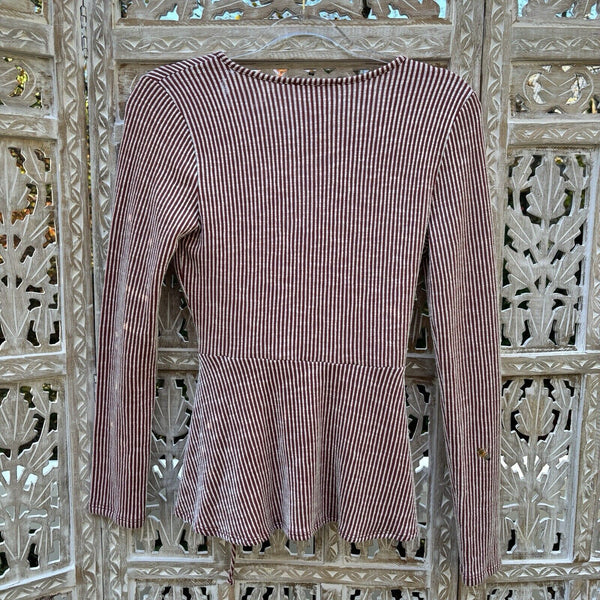 Caution to the Wind Top Size Medium Boho V Neck Wrap Look Rust and White Stripe