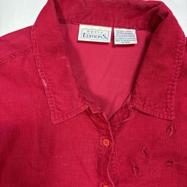 BASIC EDITIONS Shirt Grandma XL Button Up Boxy Top Embroidered Floral Corduroy