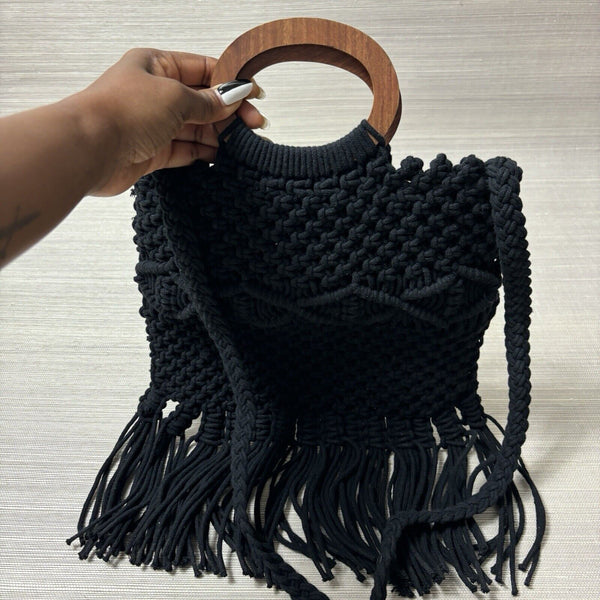 Danielle Nicole Macrame Crochet Boho Black Bag w/ Wood Handle & Crossbody Strap