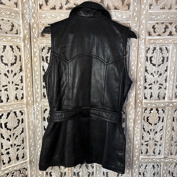 Black Leather Vest Womens Sz Small Mid Length Belted Zip Biker Moto Rock Punk