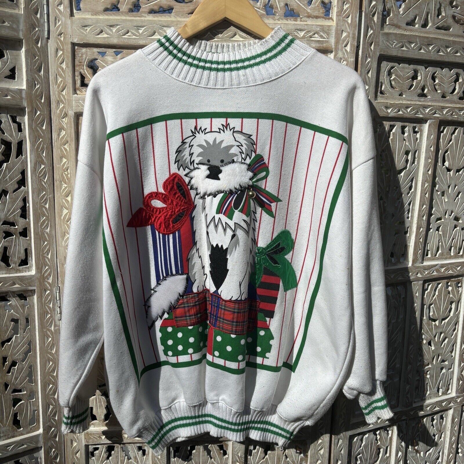 VTG Christmas Striped Sweater Crewneck Mock Neck Animal Gift Rescue Dog White-L