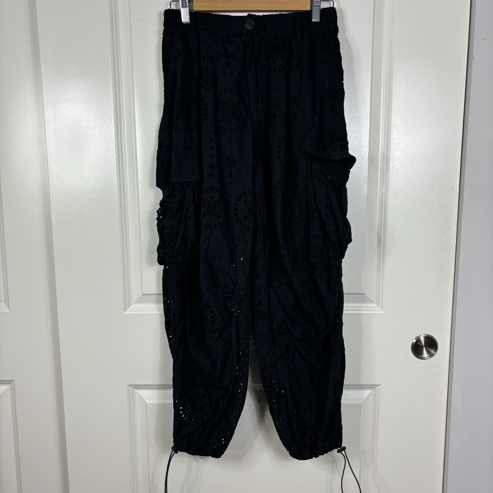 Zara Size XS-S Black Eyelet Boho Embroidered Cropped Hippie Loungy Cargo Pants