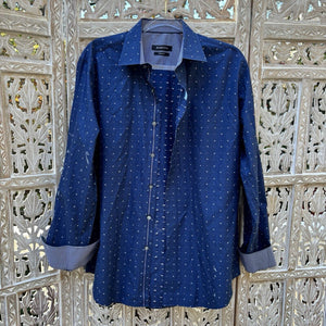 Bugatchi Shirt Mens Navy Blue White Geometric Dotted Sleeve Shaped Fit Button Up