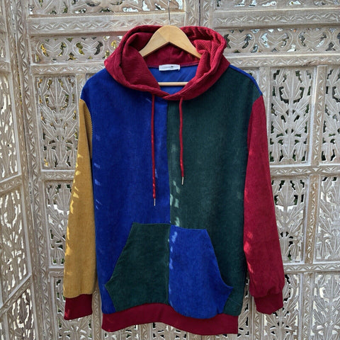 VTG Charmkp Color Block Corduroy Hoodie Sweatshirt Green Blue Yellow Red Small