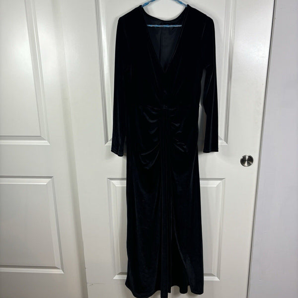 Black Velvet Whimsy Goth Fairy Grunge Long Sleeve V-Neck Maxi Dress Witchy Large