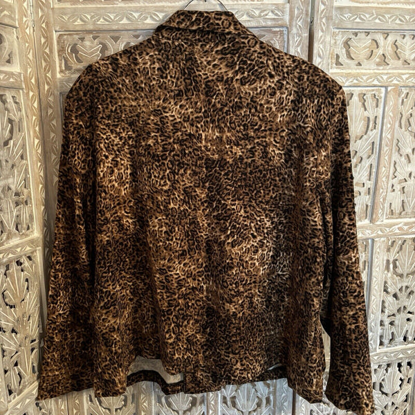 Briggs New York Womens Leopard Print Microsuede Long Sleeve Jacket Brown Size 2X