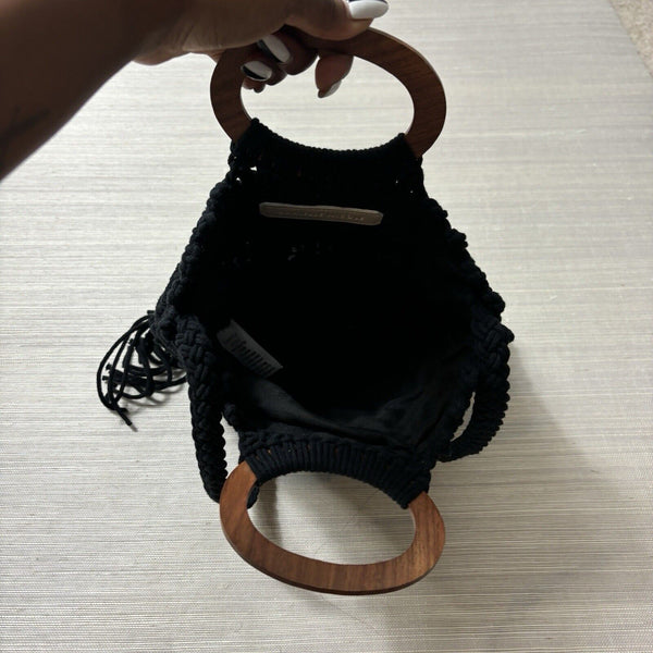 Danielle Nicole Macrame Crochet Boho Black Bag w/ Wood Handle & Crossbody Strap