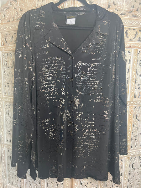Vintage Linda Lundstrom Black Shirt w/Script all over-Size 18