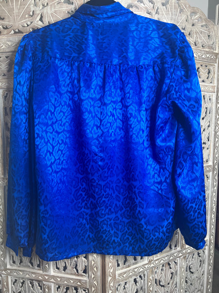 Vintage Y2K Carriage Court Royal Blue Animal Print Tie Neck Blouse-Size 14