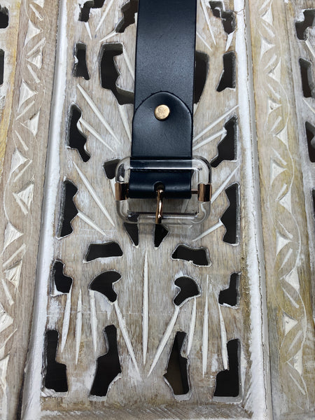 Looking for Clarity Black Leather Belt with Lucite Buckle