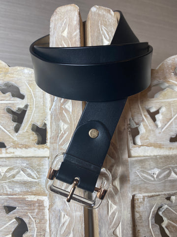 Looking for Clarity Black Leather Belt with Lucite Buckle